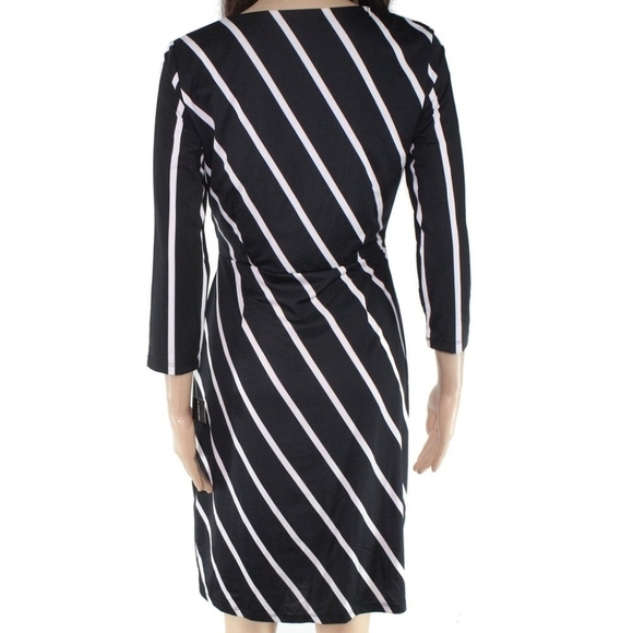 Faux wraparound dress slimming black white dress 3/4 sleeve - Picture 11 of 12